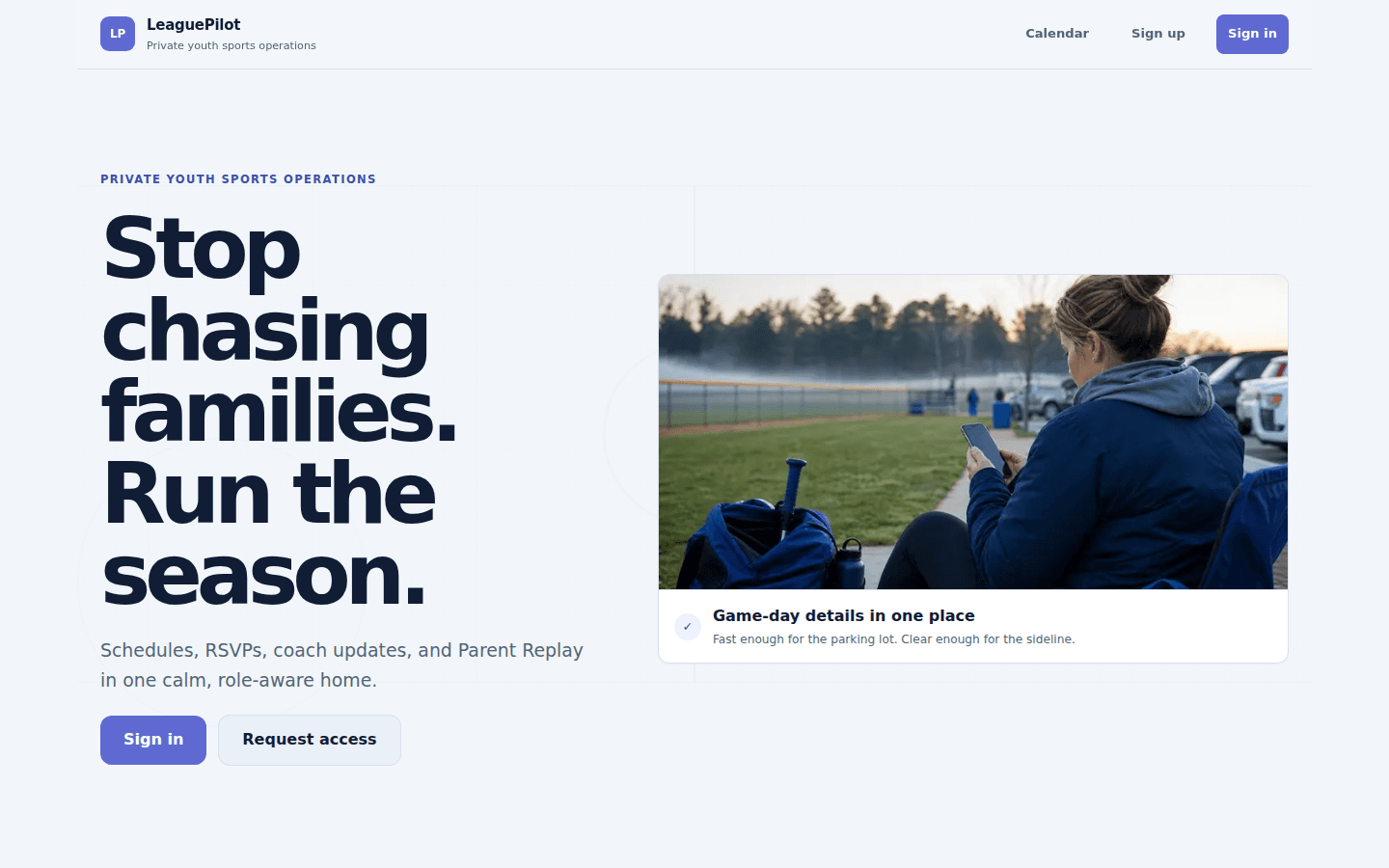 LeaguePilot public product page showing private youth-sports schedules and game-day coordination.