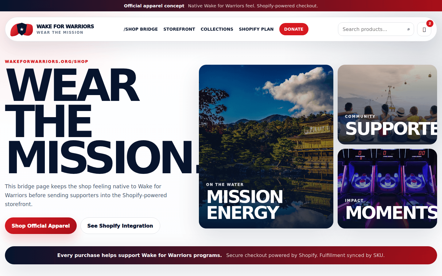 Wake for Warriors ecommerce storefront concept with mission-led merchandise and Shopify shopping actions.