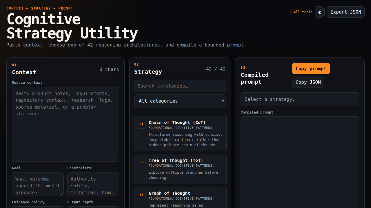 Cognitive Strategy Utility with context, strategy selection, and compiled prompt panels.