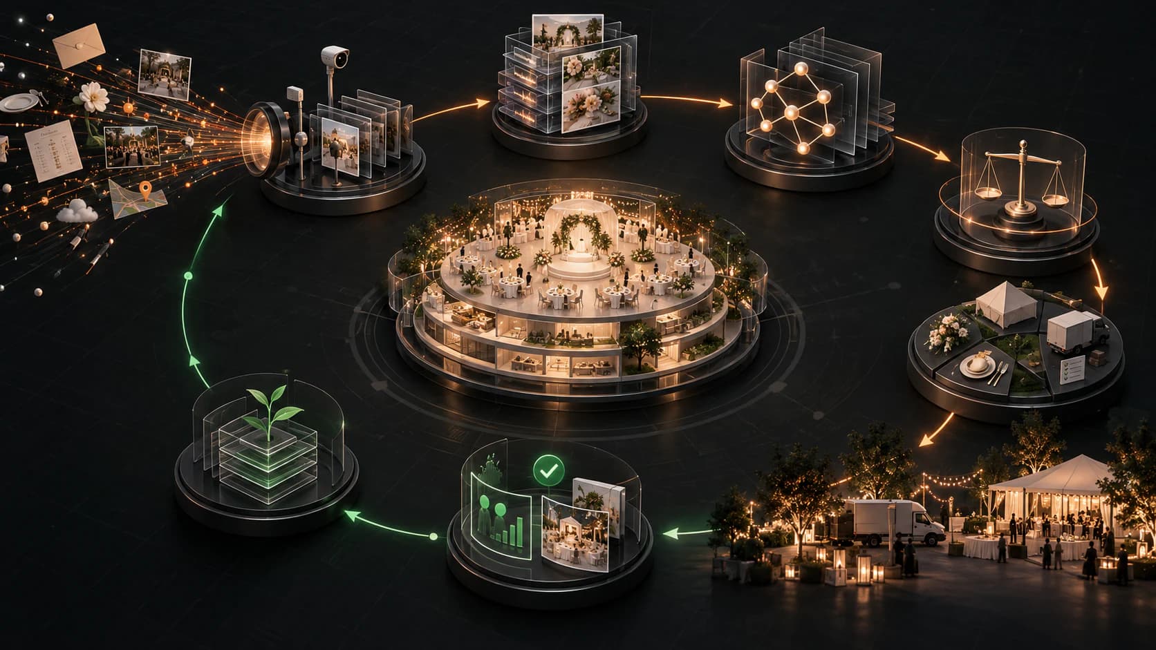 A wedding represented as a living operational system connected to observation, policy, action, and verified outcomes