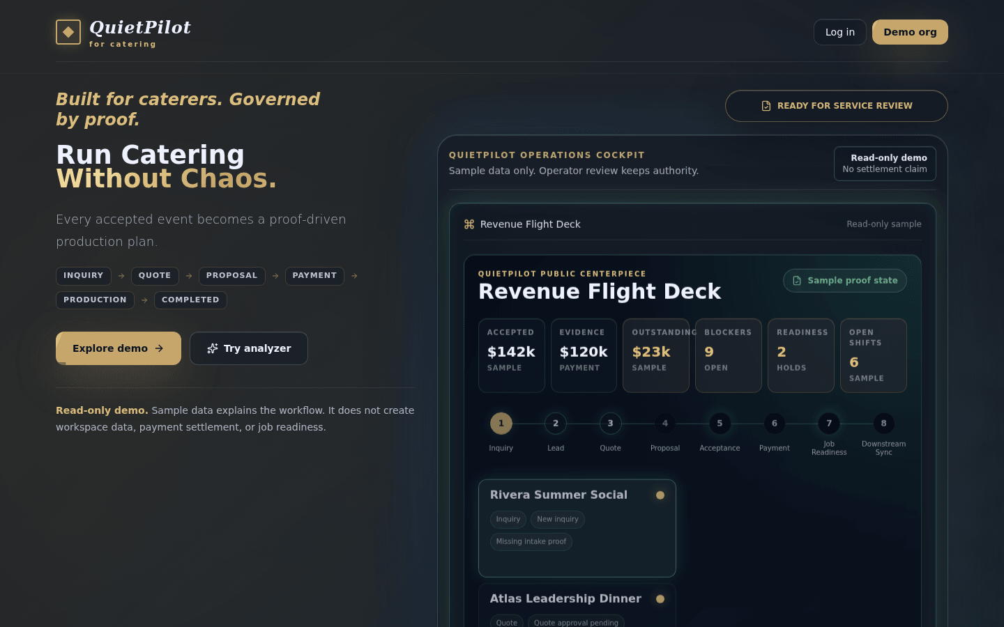 QuietPilot read-only catering operations demo showing commercial and readiness states